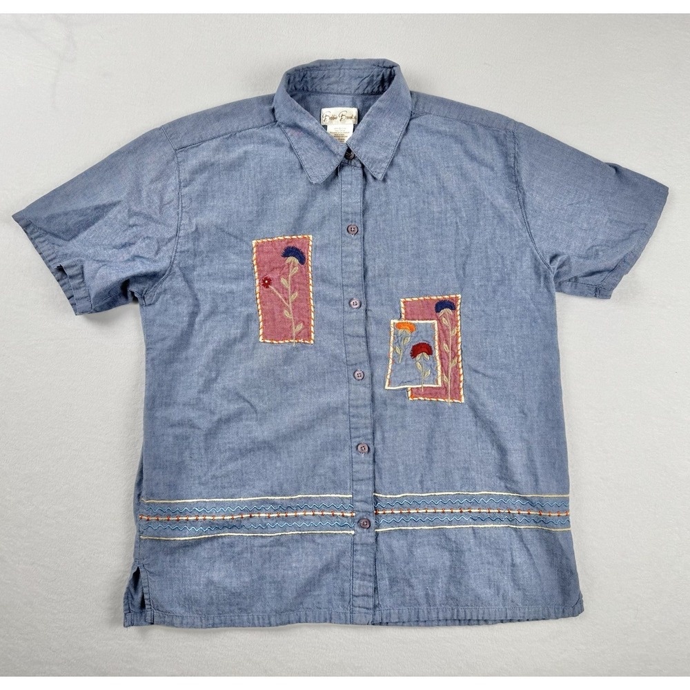 Bobbie Brooks‎ Women's Chambray Embroidered Button Up Shirt Blue Large
